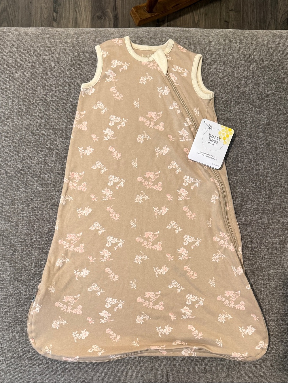 NWT Burt's Bees Baby Floral Sleep Sack - Tan & Soft Pink S (10-18lbs) TOG 0.5